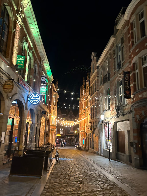 Beautiful lit-up Leuven street at night